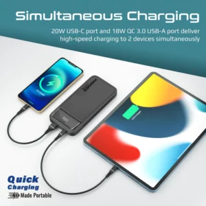 Promate 10000mAh Slim Power Bank with 20W USB-C Power Delivery and Quick Charge 3.0 , Navy