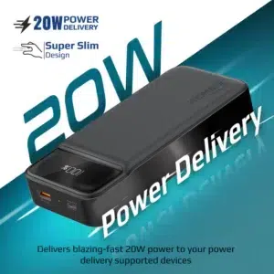 Promate 20000mAh Slim Power Bank with 20W USB-C Power Delivery and Quick Charge 3.0 , Black