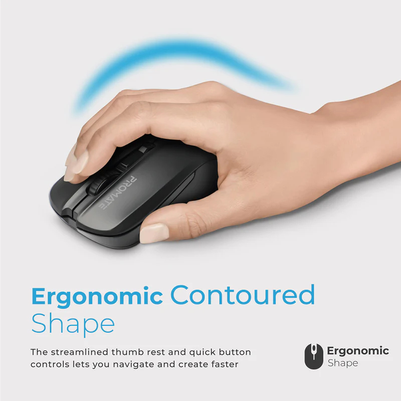 Promate 1600DPI Contoured Wireless Mouse, Black