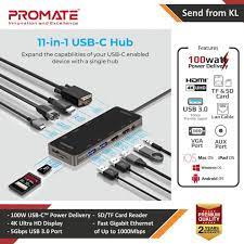 Promate 11 in 1 USB-C Hub with 100W PD, 4K HDMI, 1080p VGA, Dual Display Support, 1Gbps LAN, SD/TF, AUX, USB-C Data, USB3.0 & USB 2.0 Ports
