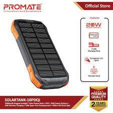 Promate 10000mAh Waterproof Solar PowerBank with 18W USB-C PD, Dual USB-A Port, 10W Wireless Charging .. and LE