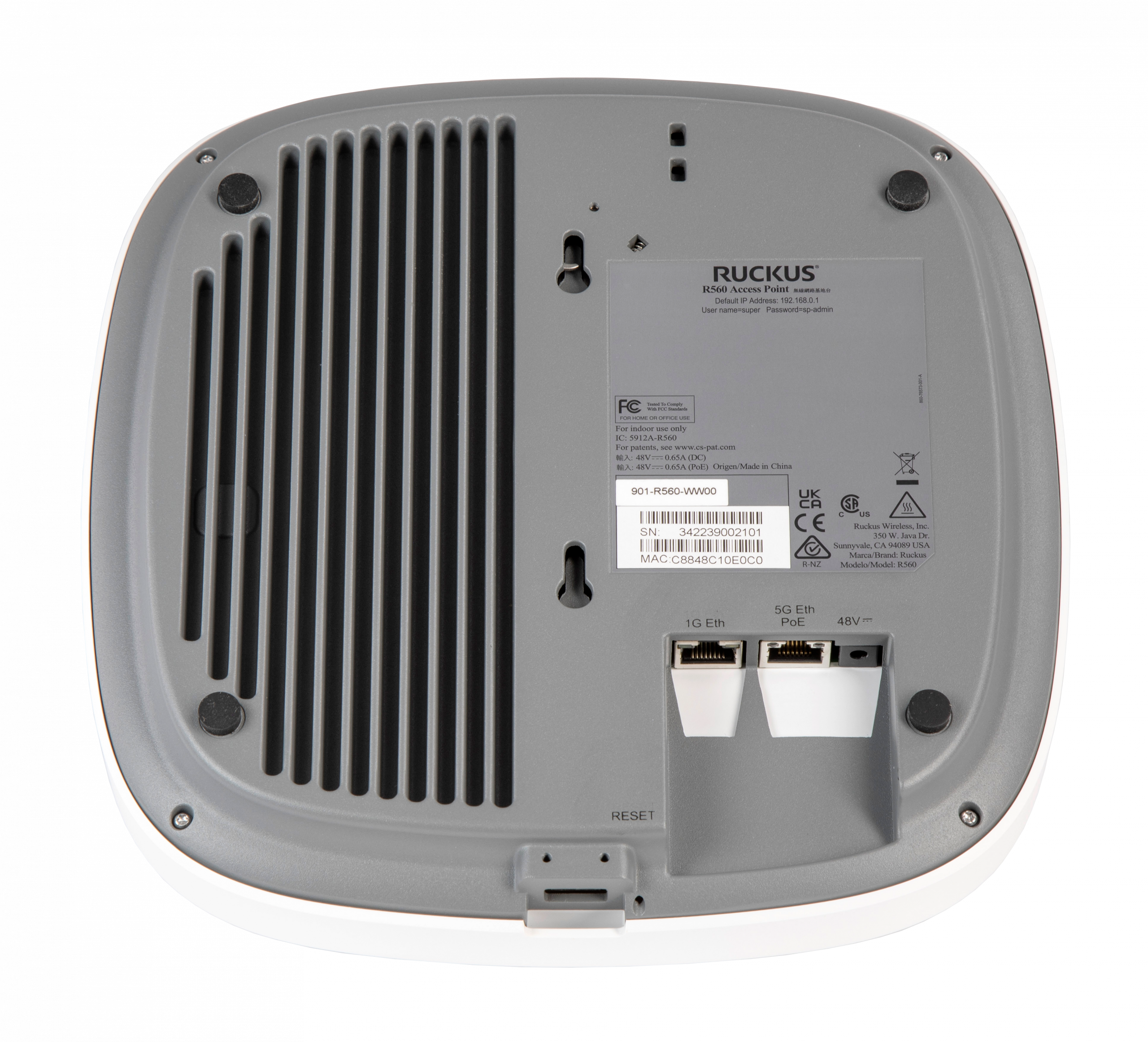RUCKUS R560 Wi-Fi 6E Tri-Band Wireless Access Point Tri-Radio 2x2:2 Streams Multi-Gigabit Ethernet OFDMA MU-MIMO BeamFlex+ 5GbE PoE In USB 2.0 802.3bt PoE Support Wireless Access Point - Image 5